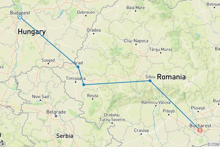 Map of Bucharest & Transylvania to Budapest - Small Group Tour