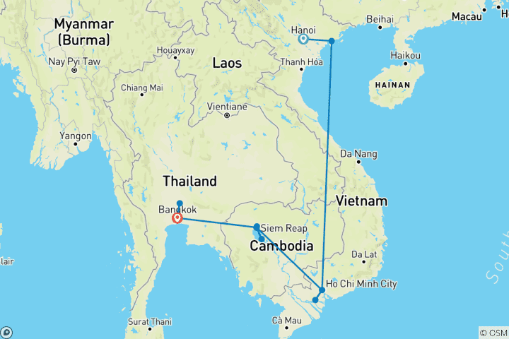 Kaart van Ontdek de geheimen van Zuidoost-Azië: Rondreis Vietnam - Cambodja - Thailand in 12 dagen