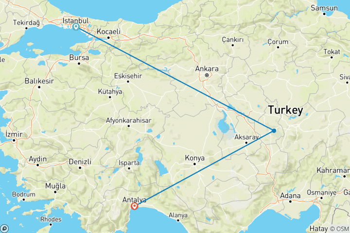 Carte du circuit 7 jours - Istanbul, Cappadoce, Antalya / en avion