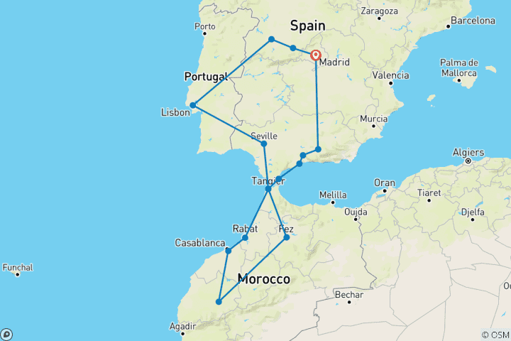 Carte du circuit Trésors de l'Espagne, du Portugal et du Maroc (groupe classique, 2025, 17 jours) (16 destinations)