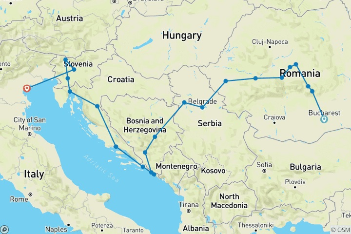 Mapa de Sorprendente viaje por los Balcanes desde Bucarest en 13 días