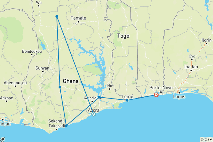 Karte von Ghana, Togo & Benin Kulturreise