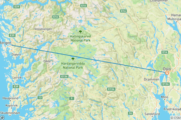 Map of Bergen and Oslo in a week via Flam