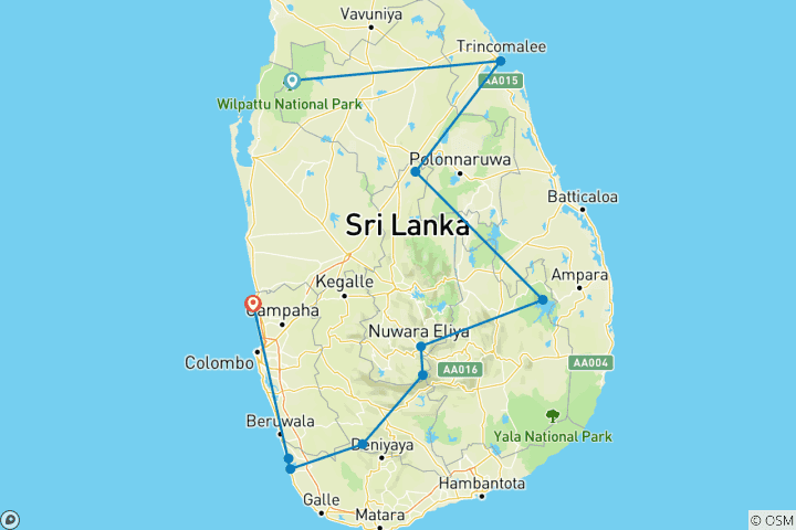 Kaart van 8-daagse natuurwonderen van Sri Lanka