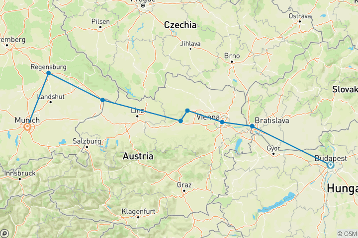 Carte du circuit Les délices du Danube 2026|2027 - 8 jours (from Budapest to Munich)