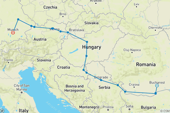 Mapa de Descubre los Tesoros del Danubio 2026 - 16 Días (from Bucarest to Múnich)