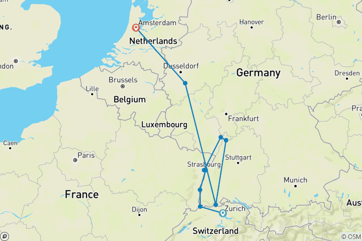 Map of Christmas Markets on the Rhine 2026 - 8 Days (from Zurich to Amsterdam)