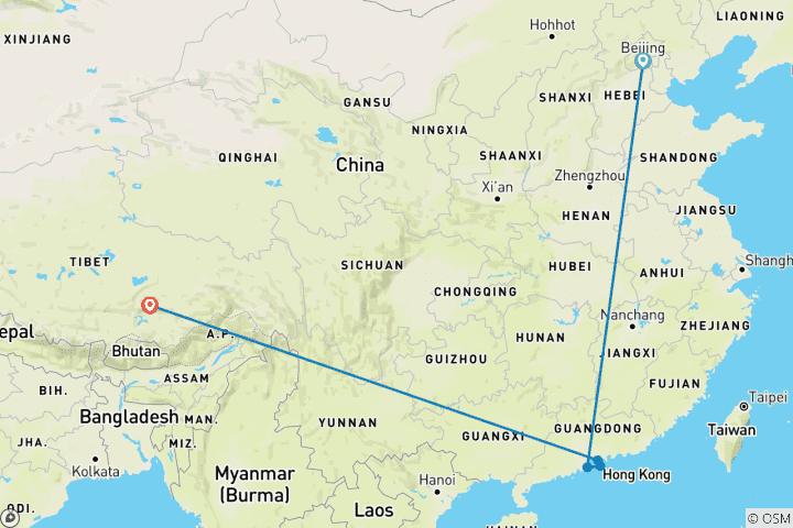 Map of 12-DAY GRAND CHINA ODYSSEY: BEIJING, MACAO, HONG KONG, SHENZHEN WITH TIBET EXTENSION (LIMITED SEATS ONLY!)