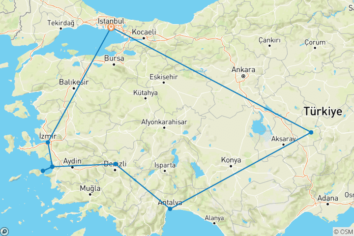 Carte du circuit 12 jours - Merveilles de la Turquie avec un ferry pour l'île de Samos