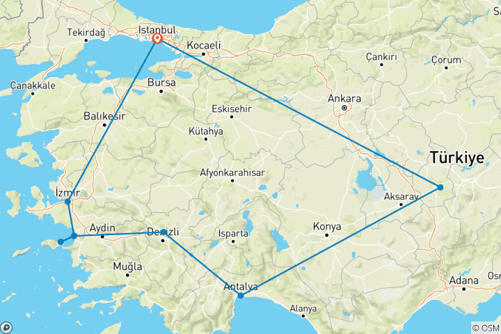 Carte du circuit 12 jours - Merveilles de la Turquie avec un ferry pour l'île de Samos
