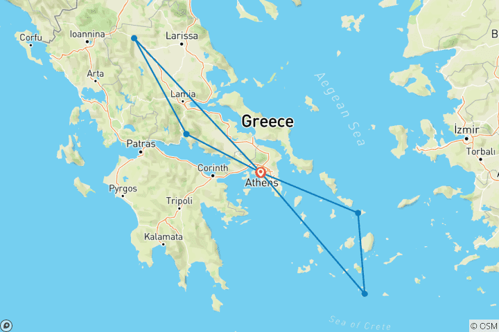Map of Athens to Mykonos & Santorini and Meteora Adventure with Flight/Ferry Included - Small Group Tour