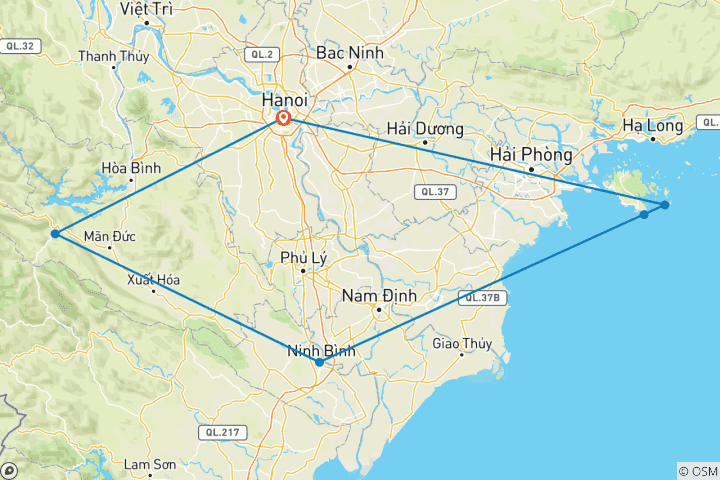Carte du circuit Nord du Vietnam 8 jours de la montagne à la mer (Hanoi - Mai Chau - Pu Luong - Ninh Binh et la baie de Lan Ha)