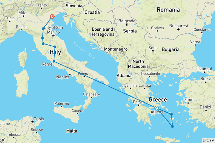 Map of Greece & Italy Tour from Athens, Mykonos and Santorini to Rome and Venice with 2 flights included