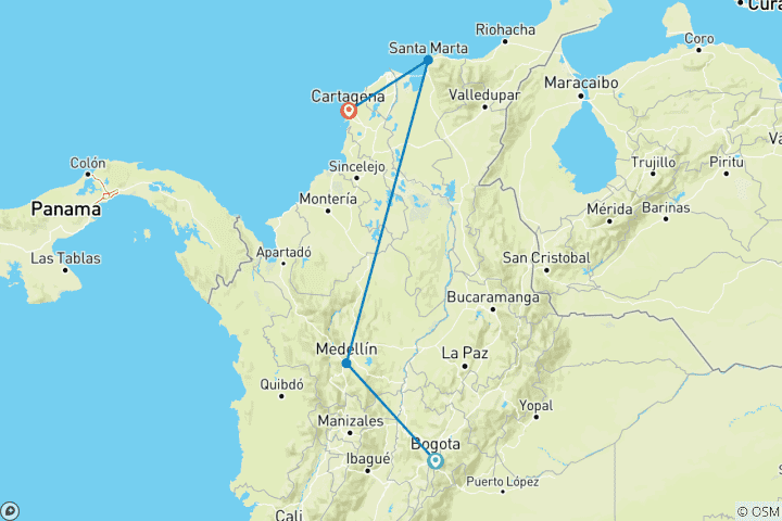 Carte du circuit 10 jours d'aventures inoubliables : Découvrez le meilleur de la Colombie !