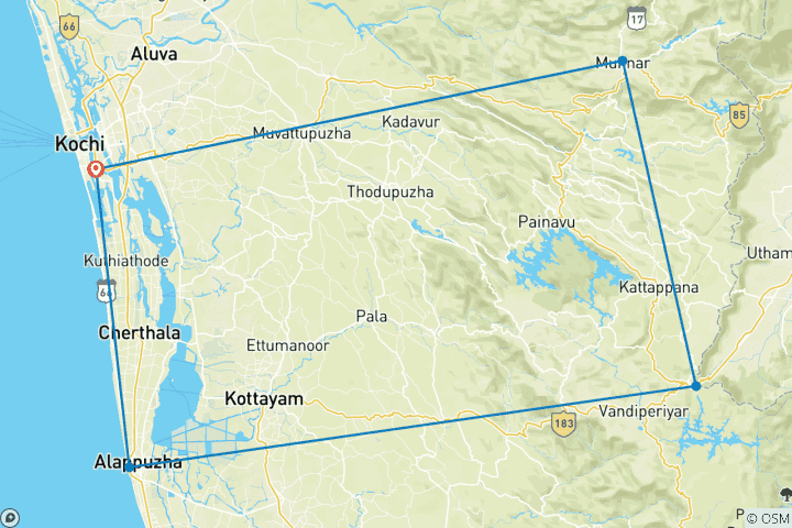 Mapa de Tour Privado de 5 Días por Kerala con Munnar, Thekkady Alleppey desde Cochin