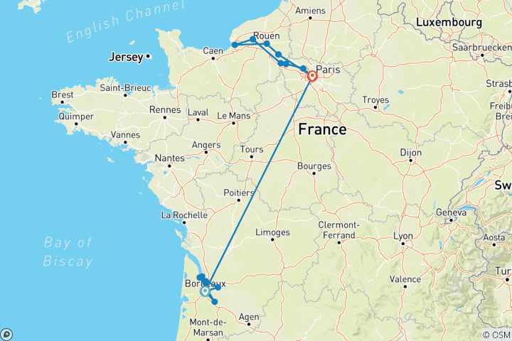 Carte du circuit Normandie, joyaux de la Seine et Bordeaux 2026|2027 - 21 jours