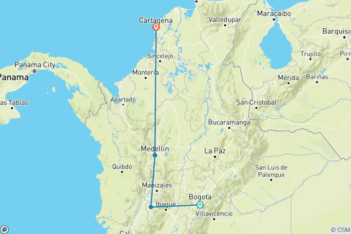 Carte du circuit 12 jours en Colombie - Découvrez le patrimoine et les côtes de la Colombie