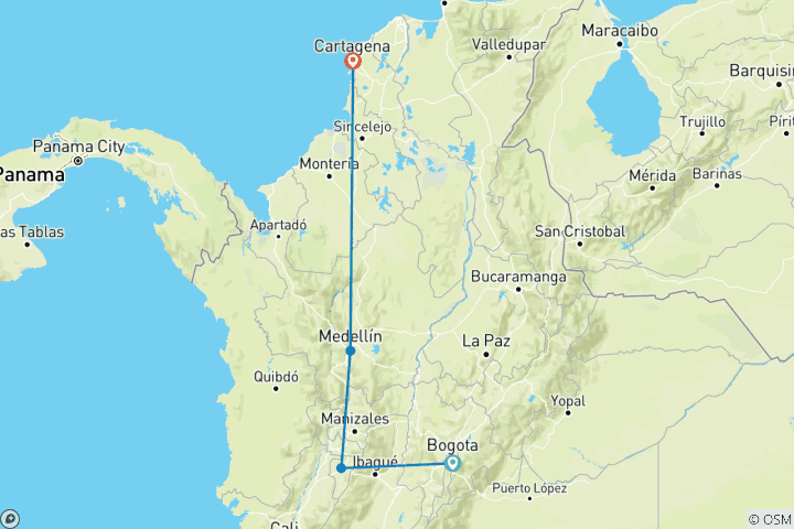 Carte du circuit 12 jours en Colombie - Découvrez le patrimoine et les côtes de la Colombie