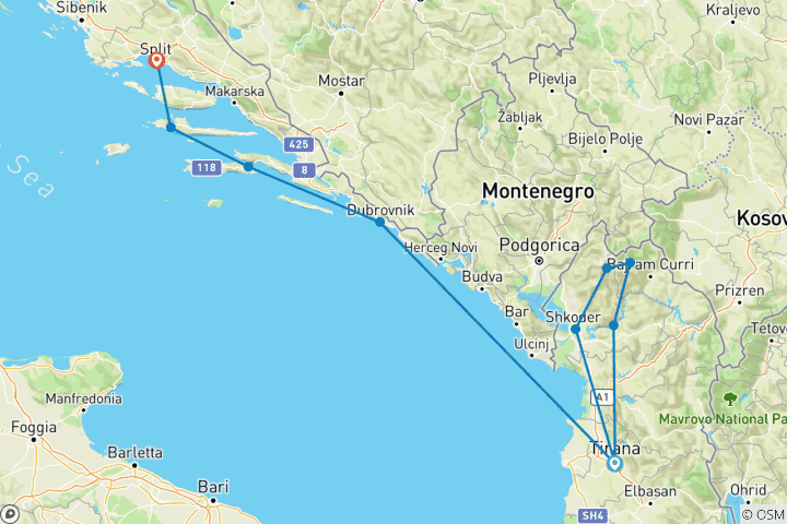 Map of Hiking Albania & Croatia Sailing via Kotor, Montenegro