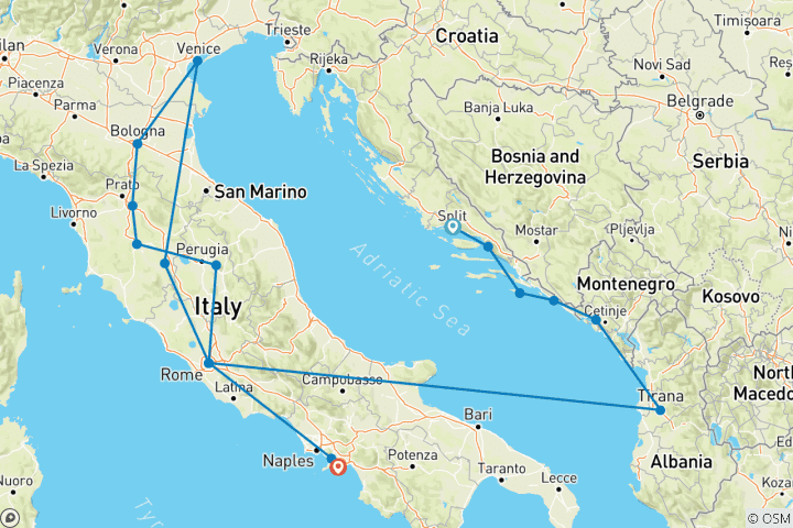 Carte du circuit Randonnée à la voile en Croatie vers l'Italie via le Monténégro et l'Albanie Vol inclus Aventure à la voile