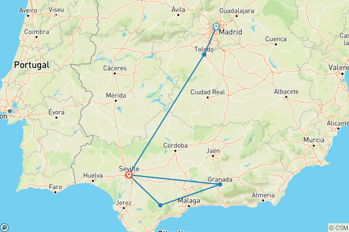 Kaart van 6 Daagse Madrid en Sevilla inclusief Ronda, Granada en nog veel meer.