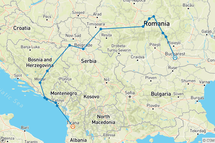 Map of Balkan Tour Package: Tirana | Romania | Serbia | Bosnia | Croatia | Montenegro | Albania in 9 days