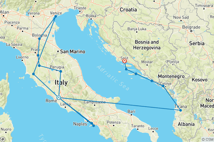 Map of Rich Italy & Croatia Sailing tour(flight included) with Montenegro & Albania