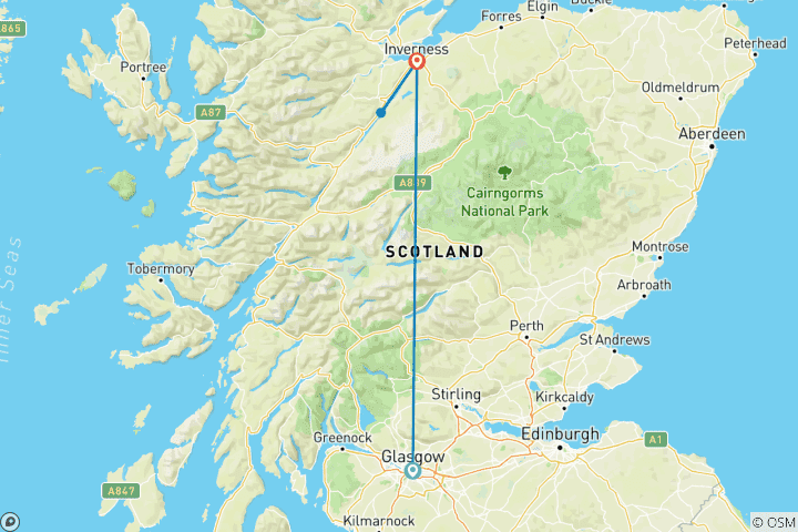 Carte du circuit 5 jours Glasgow et Inverness, y compris Loch Ness