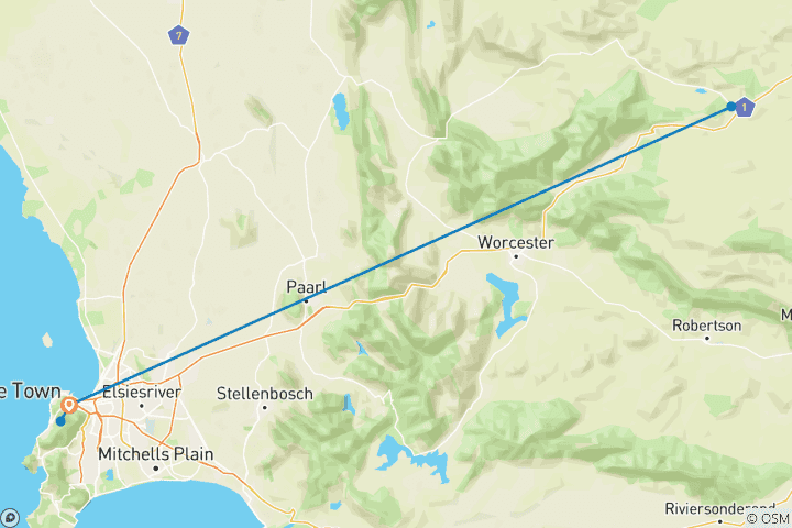 Map of 5-Day Luxury Big Five and Beach Safari Near Cape Town