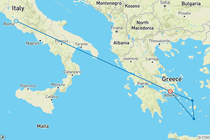 Map of Rome, Athens & the Aegean Escape (Mykonos & Santorini)