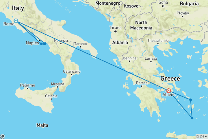 Carte du circuit Rome, Naples, la côte amalfitaine, Athènes, Mykonos et Santorin.