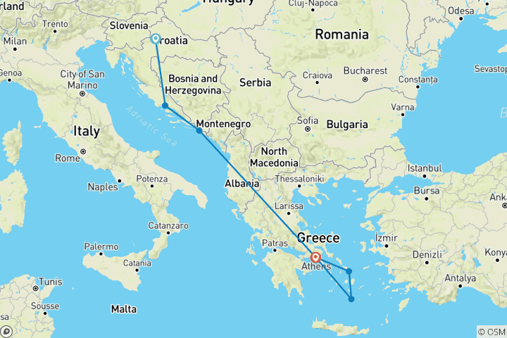 Carte du circuit De l'Adriatique à la mer Égée - Découvrez Zagreb, Split, Dubrovnik, Athènes, Mykonos et Santorin.