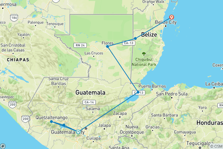 Carte du circuit Le meilleur du Guatemala et du Belize (8 destinations)