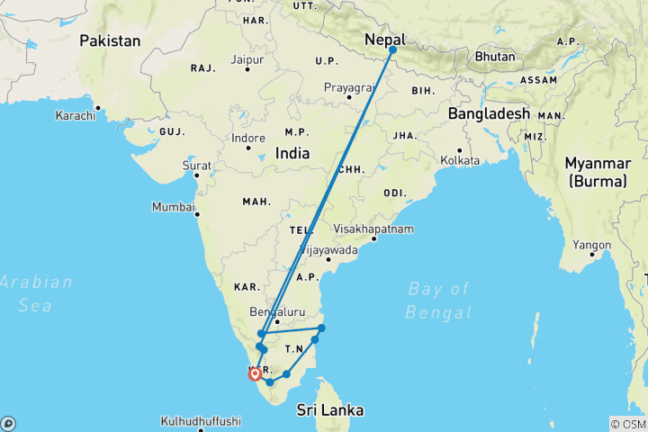 Map of Southern India (10 destinations)