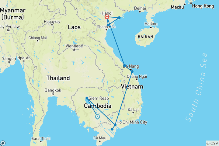 Carte du circuit Classique Cambodge et Vietnam (22 destinations)