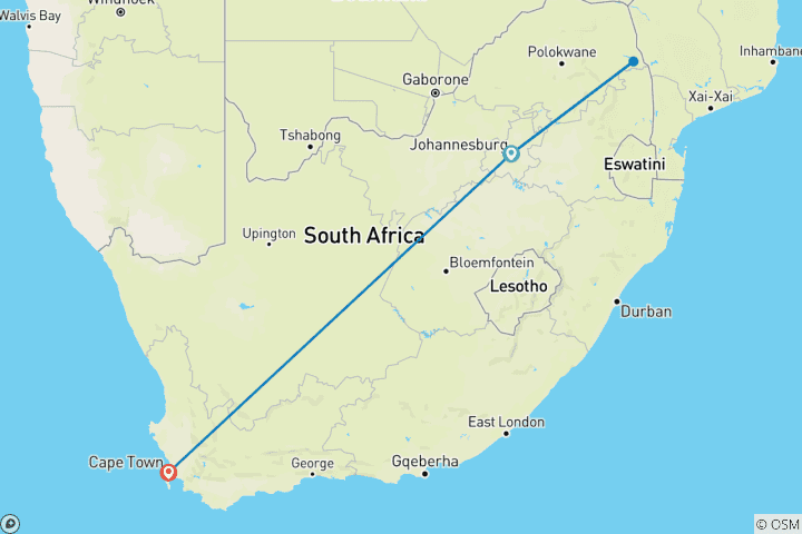 Map of Kruger & Cape Town Short Break by Plane