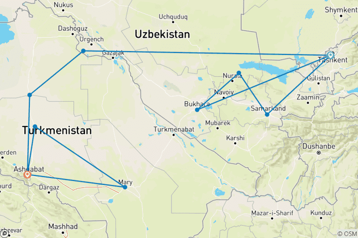 Map of Uzbekistan & Turkmenistan Adventure (including Nurata)