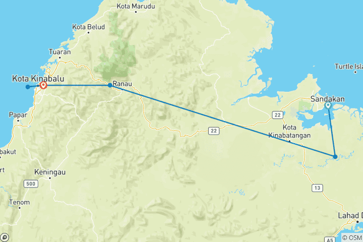 Map of Classic Borneo (from Sandakan to Kota Kinabalu)