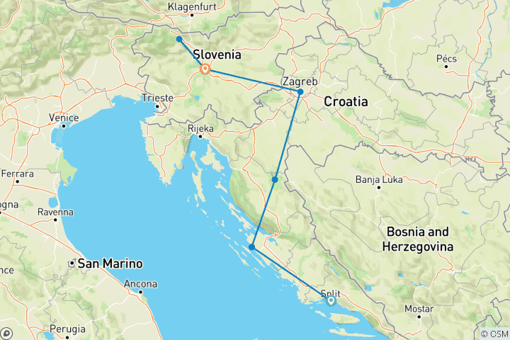 Map of Croatia & Slovenia (from Split to Ljubljana)