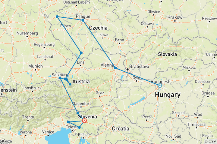 Map of Imperial Cities and Austrian Alps from Budapest