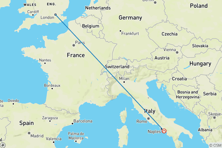 Mapa de 8 días Londres y la Costa Amalfitana