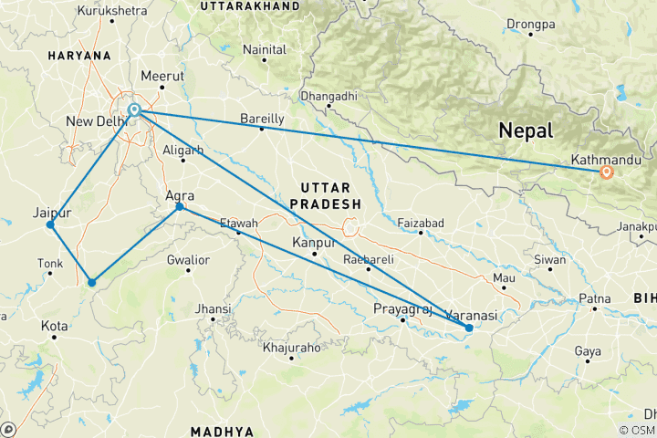 Karte von Jenseits von Indien & Nepal Tour - 15 Tage