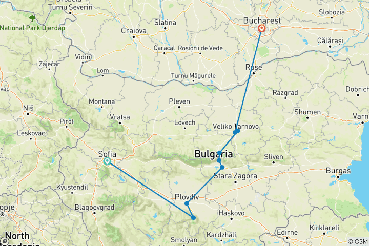 Map of Tour from Sofia to Bucharest in 5 days