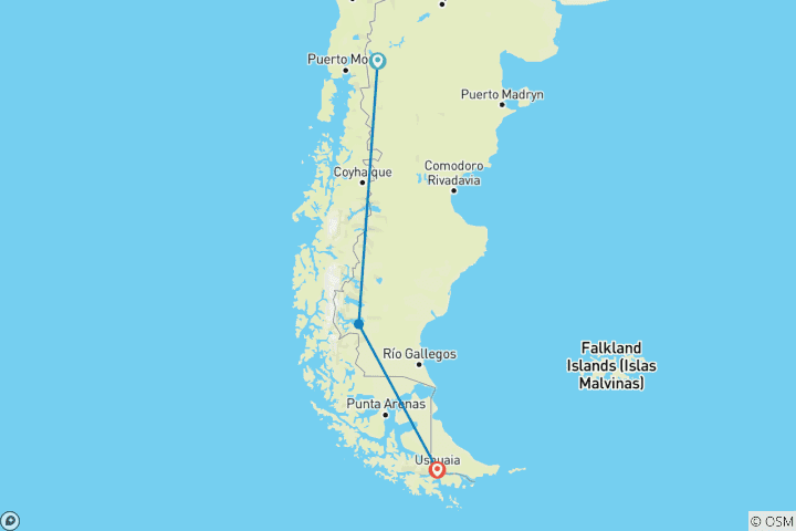 Karte von Abenteuer Patagonien: 9 Tage in Bariloche, El Calafate & Ushuaia