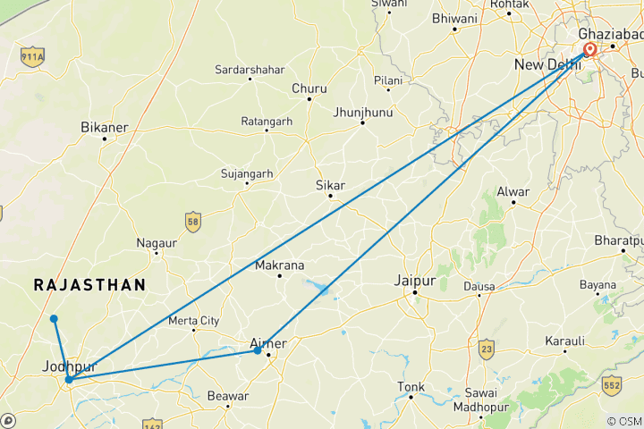 Mapa de Jodhpur y Pushkar - 6 días