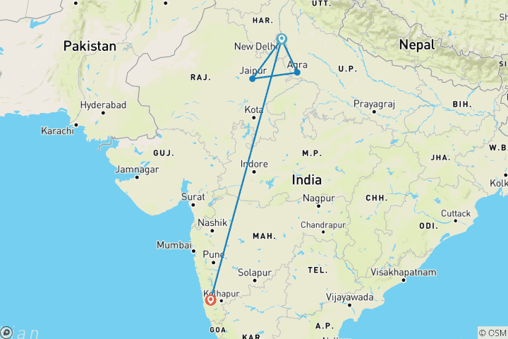 Map of Classic India & Beach - 8 days