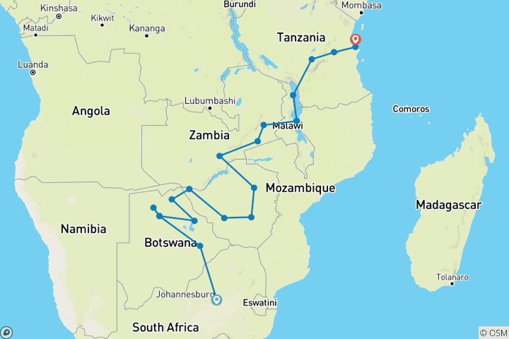 Map of Johannesburg to Zanzibar (from Johannesburg to Stonetown)