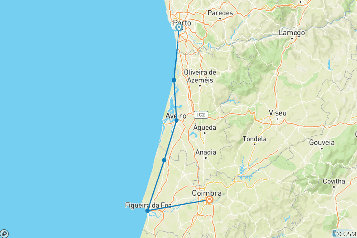 Kaart van Porto naar Coimbra Fietstocht - Zelf Begeleiden