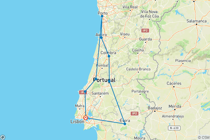 Map of 8- Days Tour Lisbon & Coimbre & Evora & Oporto