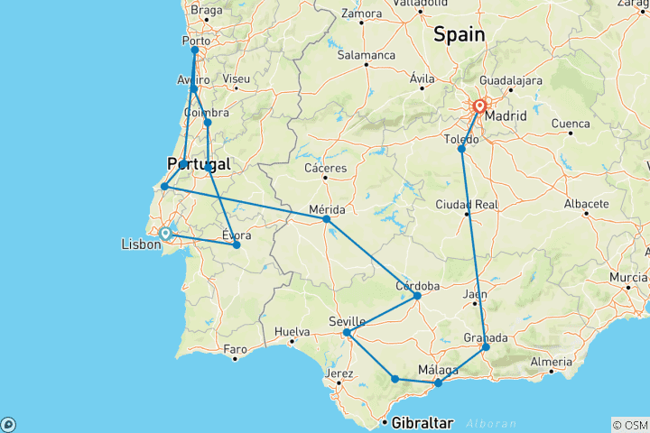 Carte du circuit 14 jours - Lisbonne, Coimbra, Evora, Porto, Andalousie et Madrid